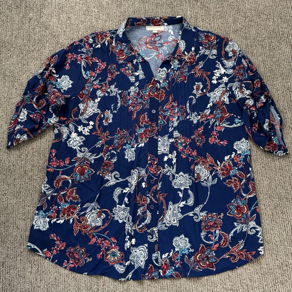 Woman Within Button Up Shirt Blouse Womens 1X 3/4 Roll Tab Sleeve Dark Floral